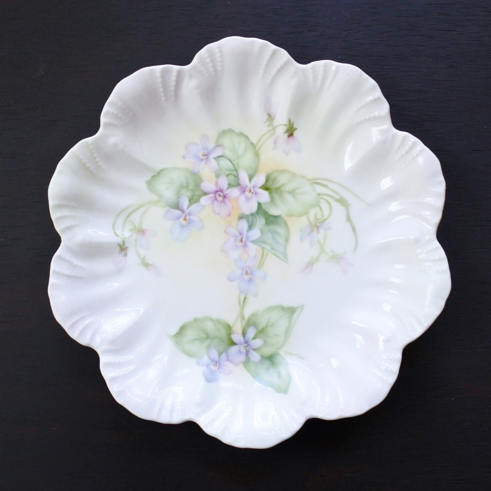 Vintage Signed Original Hand Painted Floral Purple Violet Plate Wall Art Hanging